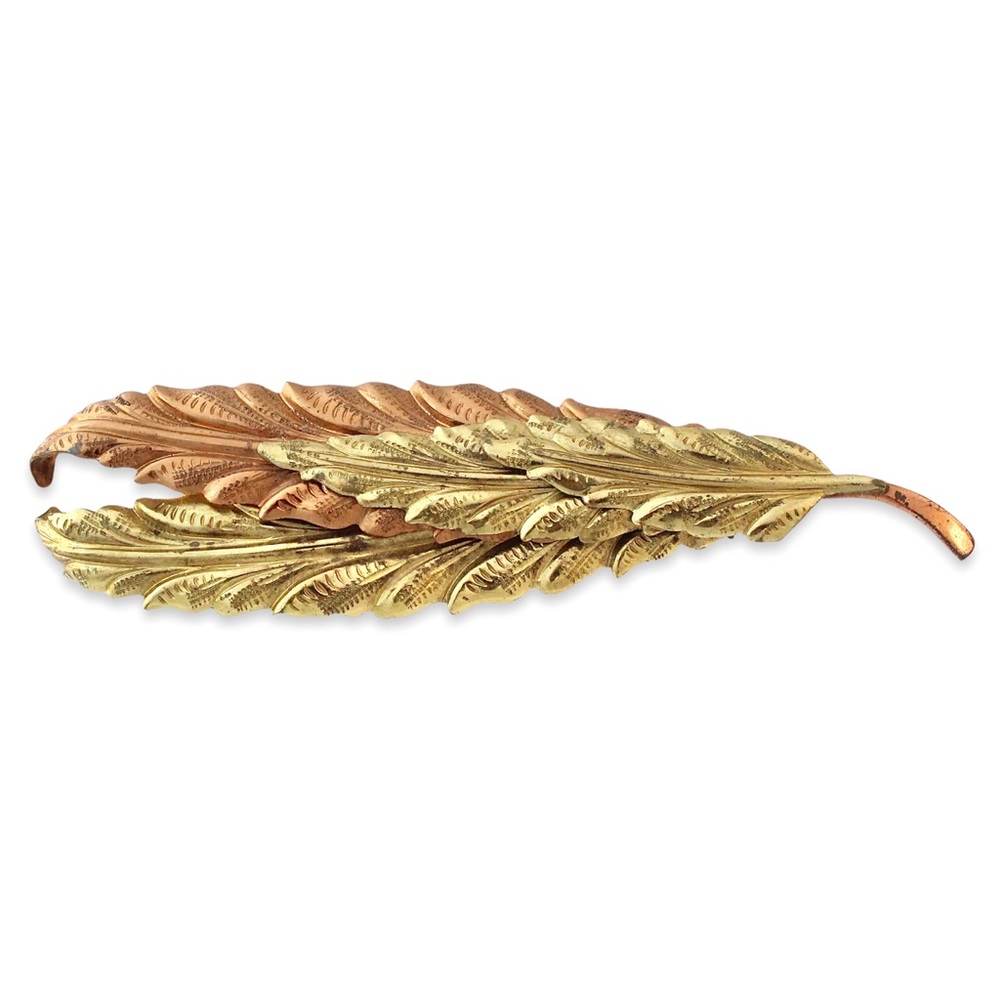 Vintage Feather / Leaf Brooch Two Tone Copper Gold Mixed Metal Large Estate